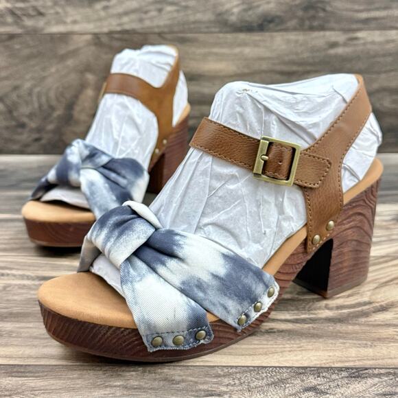 NIB Korks Kork Ease Natalia 7M Knot Clog Sandal Tan Blue Denim PU Tye Dye Combo - Picture 4 of 9